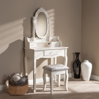 Baxton Studio WF18-White-Vanity Veronique Traditional French Provincial White Finished Wood 2-Piece Vanity Table with Mirror and Ottoman